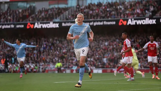 Erling Haaland of Manchester City celebrates scoring against Arsenal