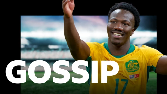 Nestory Irankunda, wearing Australia's yellow shirt with green trim, celebrates after the 2-0 win over Turkey at the World Cup. The image appears on BBC's gossip column graphic which has 'gossip' written in white letters on top of a blurred out floodlit football stadium