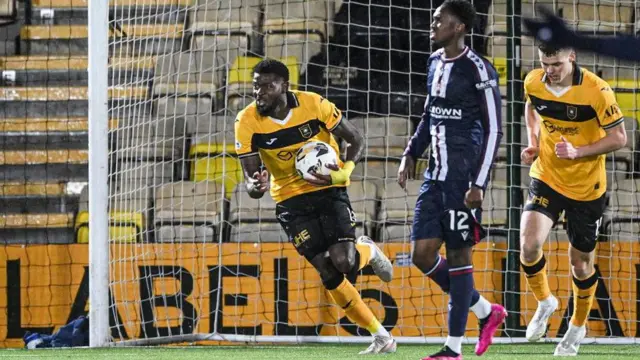 Livingston's Jeremy Bokila celebrates as he scores to make it 2-1 during a William Hill Premiership match between Livingston and Dundee at the Home of the Set Fare Arena, on December 13, 2025, in Livingston,