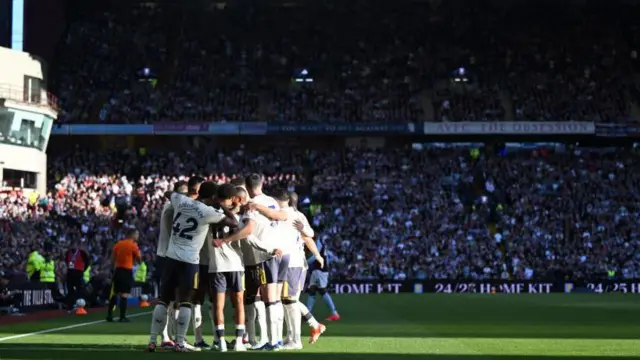 Everton's Dominic Calvert-Lewin celebrates scoring his team's second goal with teammates during the Premier League match between Aston Villa and Everton at Villa Park.