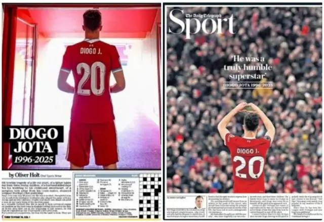 The Mail pays tribute to Diogo Jota. The Telegraph headline reads "he was a truly humble superstar".