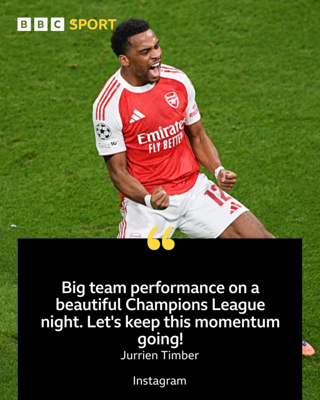 Jurrien Timber graphic with his Instagram caption; 'Big team performance on a beautiful Champions League night. Let's keep this momentum going!'