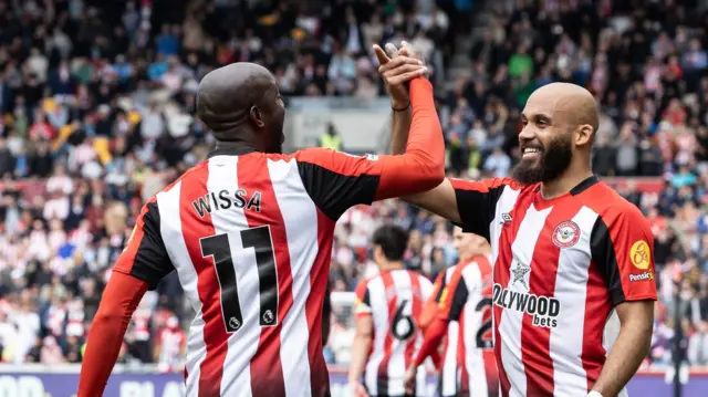 Yoane Wissa and Bryan Mbeumo celebrate scoring