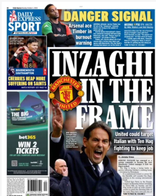 Express back page of 'Inzaghi in the frame'