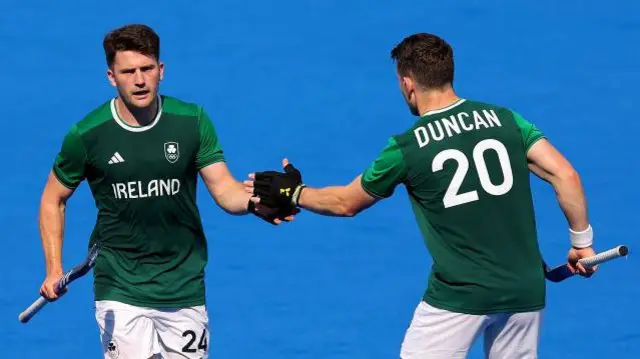 Benjamin Walker and Jeremy Duncan celebrate one of the Ireland goals