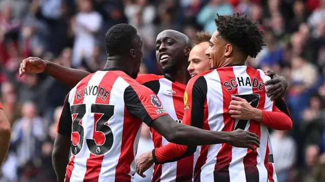 Brentford celebrate scoring against Manchester United