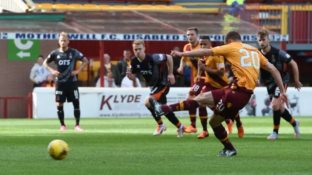 Louis Moult scores a penalty for Motherwell against Kilmarnock