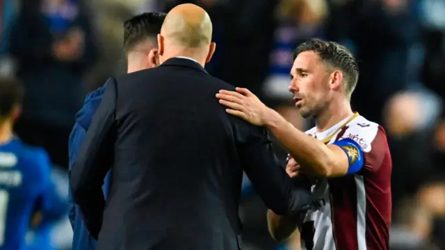 Rangers manager Philippe Clement is congratulated by St Johnstone striker Nicky Clark