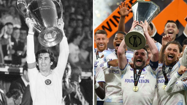 Dennis Mortimer lifts European Cup in 1982 and John McGinn lifts Europa League in 2026 - collated image
