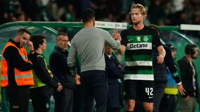 Sporting skipper Morten Hjulmand (right) greets former coach Ruben Amorim during a Portuguese league game last season