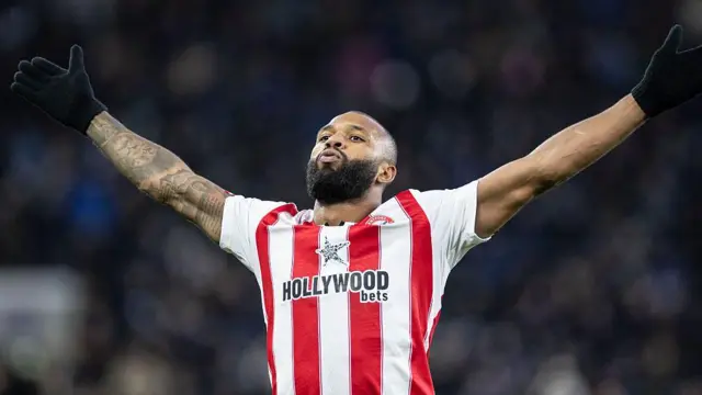 Igor Thiago celebrates with arms wide after scoring against Everton