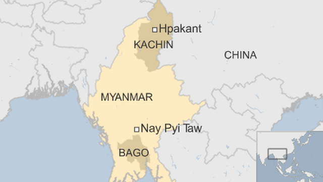 map of Myanmar, showing Hpakant in northern province of Kachin, plus Bago state