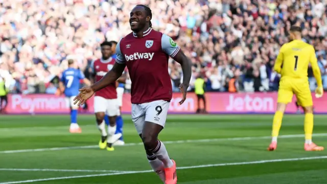 Michail Antonio celebrates scoring the first goal of West Ham's win over Ipswich Town