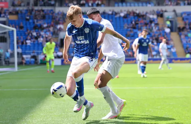 Joel Bagan controls the ball during a game for Cardiff City versus Peterborough