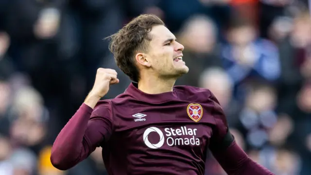 Hearts' Michael Steinwender celebrates scoring to make it 1-1 during a William Hill Premiership match between Heart of Midlothian and Rangers at Tynecastle Park