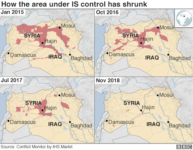 Four maps showing how the area under IS control has shrunk since Jan 2015