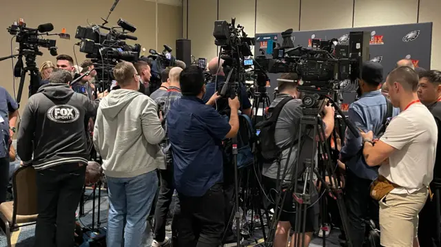 Media waiting to speak to Jalen Hurts on Tuesday before Super Bowl 59