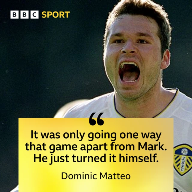 Dominic Matteo quote graphic with Mark Viduka as an image: "It was only going one way that game apart from Mark. He just turned it himself."