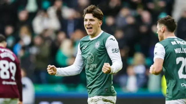 Josh Campbell celebrates his derby goal against Hearts