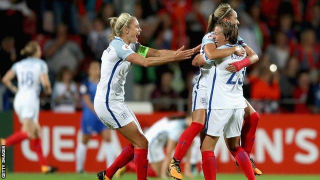 England players celebrate quarter-final win over France in 2017