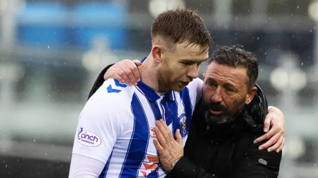Kilmarnock Manager Derek McInnes celebrates with Stuart Findlay  at Full Time during a cinch Premiership match between Kilmarnock and Celtic at Rugby Park,