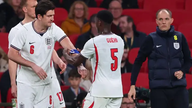 England Thomas Tuchel looks on as Harry Maguire of England comes on to replace Marc Guehi