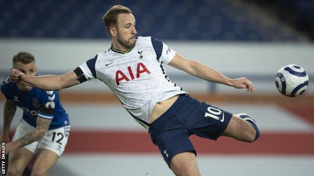 Tottenham striker Harry Kane scores against Everton in the Premier League in 2020-21