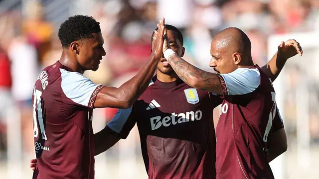 Ollie Watkins, Youri Tielemans and Donyell Malen celebrate goal for Aston Villa