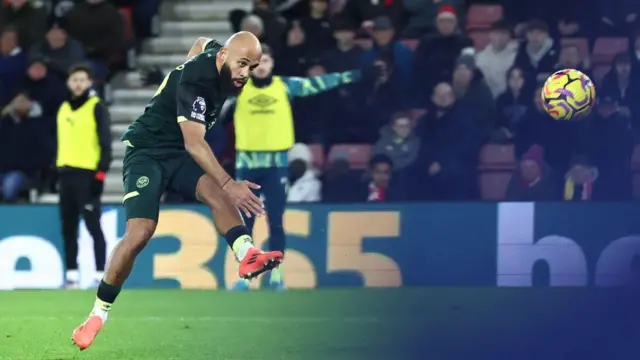 Bryan Mbeumo of Brentford scores his sides second goal during the Premier League match between Southampton FC and Brentford FC at St Mary's Stadium on January 04, 2025