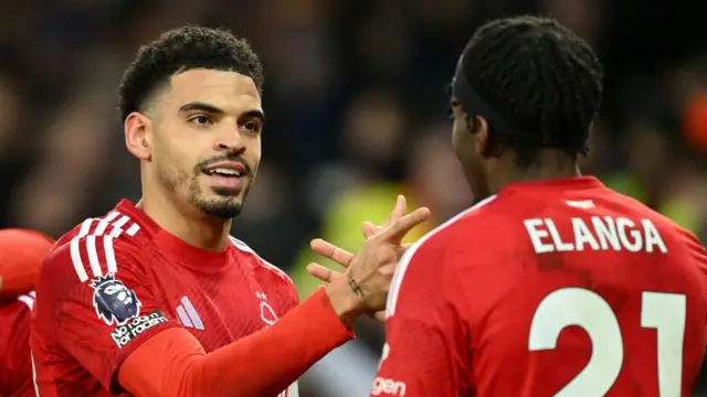 Morgan Gibbs-White of Nottingham Forest celebrates with Anthony Elanga