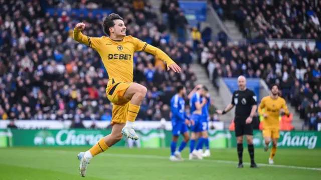 Rodrigo Gomes celebrates scoring for Wolves against Leicester