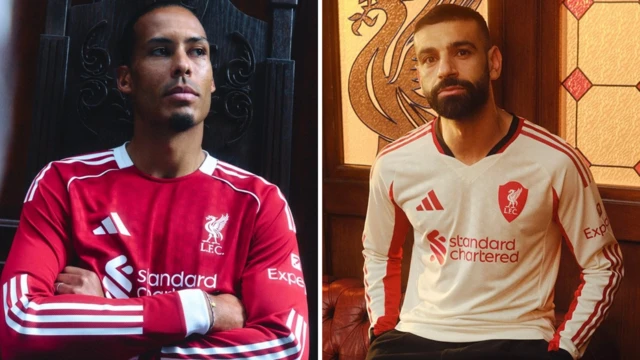 A split graphic showing Virgil van Dijk and Mohamed Salah in Liverpool's 2025-26 kits