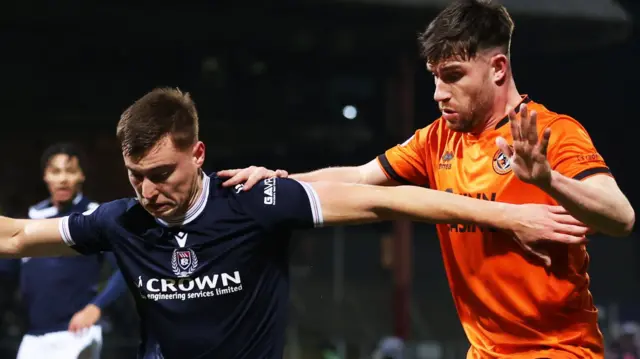 Dundee's Ryan Astley and Dundee Utd's Ryan Strain in action