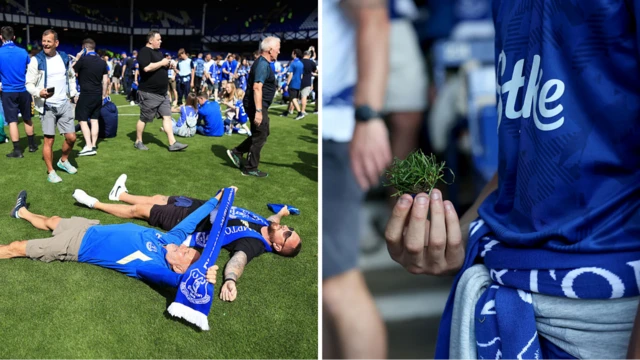 Fans lie on the pitch and another fan has a handful of grass