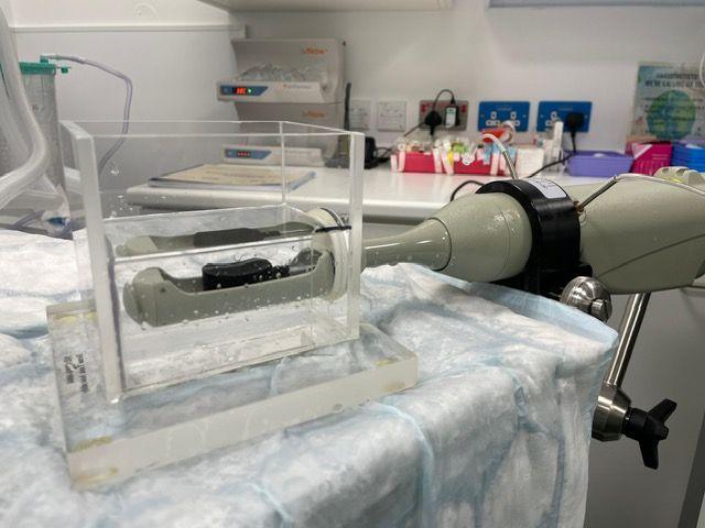 A focal therapy probe on a surface in a medical room which uses high intensity ultrasound.