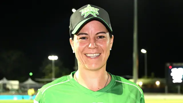 Melbourne Stars all-rounder Marizanne Kapp smiles as she receives player of the match award after win over Brisbane Heat