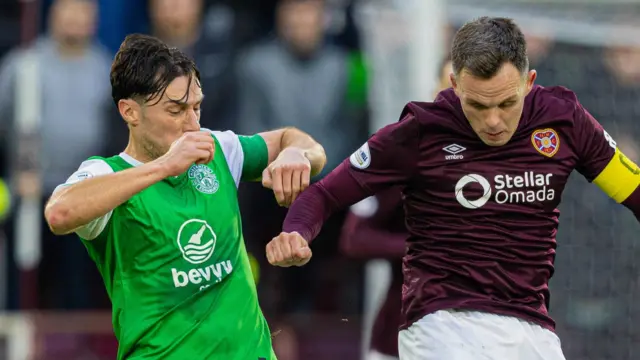 Hibernian's Joe Newell and Hearts' Lawrence Shankland