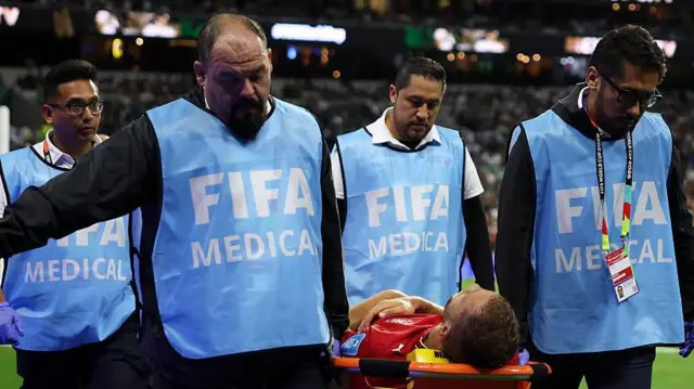 Tomas Soucek of Czech Republic is carried off on a stretcher