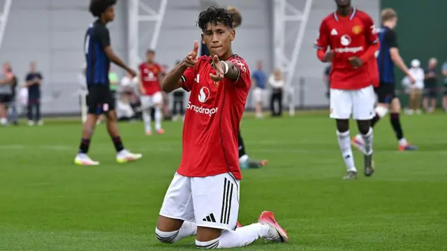 Manchester United's JJ Gabriel celebrates scoring