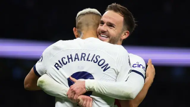 Richarlison and James Maddison embrace