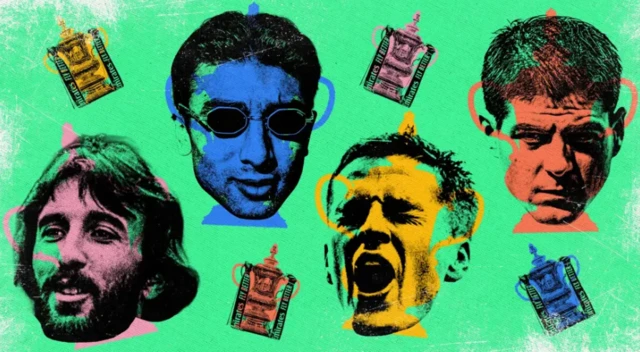 FA Cup final scorers image. Green colourful graphic containing faces and trophies.