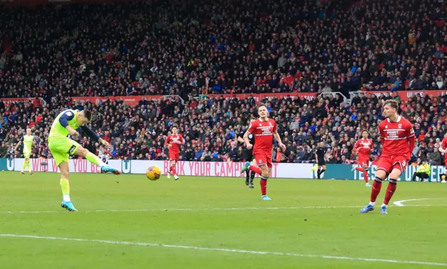 Nazariy Rusyn scores during the Championship match between Middlesbrough and Sunderland at Riverside Stadium on February 4, 2024