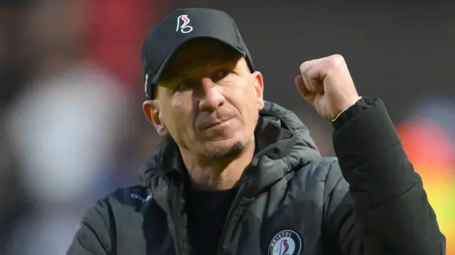 Bristol City boss Gerhard Struber pumps his fist in the air in celebration after the 2-0 win over Sheffield Wednesday