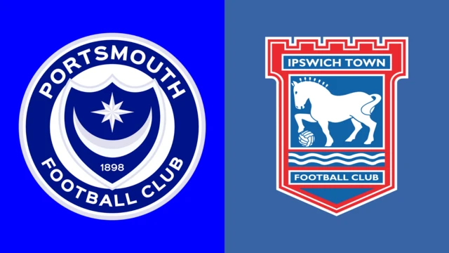 The left side of the image has a bright blue background with the Portsmouth badge on it. The right side of the image has a duller blue background with the Ipswich badge on it.