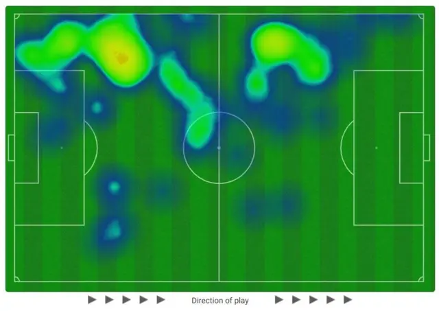 Heatmap graphic showing Marc Cucurella positioning v Bournemouth for Chelsea in May 2024