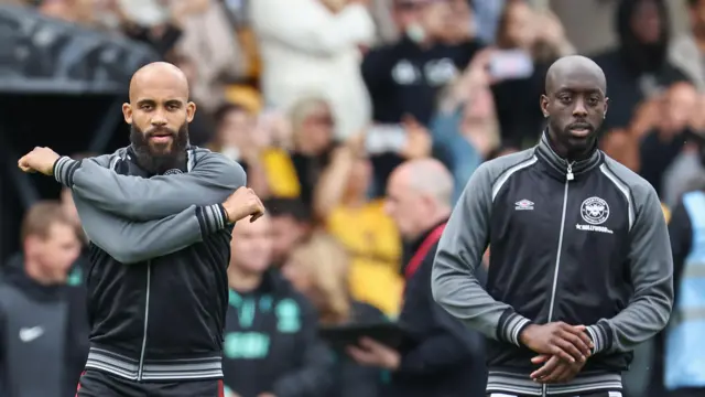 Bryan Mbeumo and Yoane Wissa warming up before a Brentford game last season