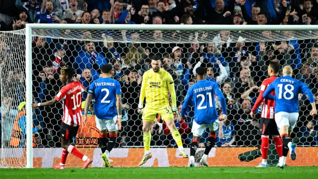 Rangers goalkeeper Liam Kelly celebrates saving a penalty from Athletic Club's Alex Berenguer