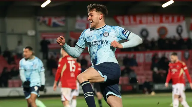 Newport County's Ben Lloyd after scoring during Tuesday nights' 3-1 win away at Salford.
