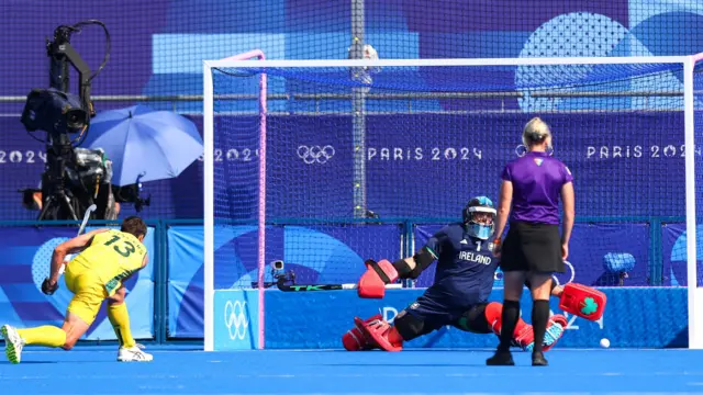 Blake Glovers scores the decisive penalty past Ireland’s Davy Harte