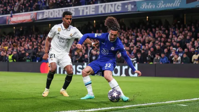 Rodrygo of Real Madrid in action with Marc Cucurella of Chelsea